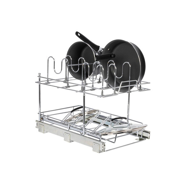 Household Essentials Glidez Multipurpose Chrome-Plated Steel Pull-Out/Slide-Out Basket Storage Organizer for Pots and Lids 2-Tier Dual-Slide Design