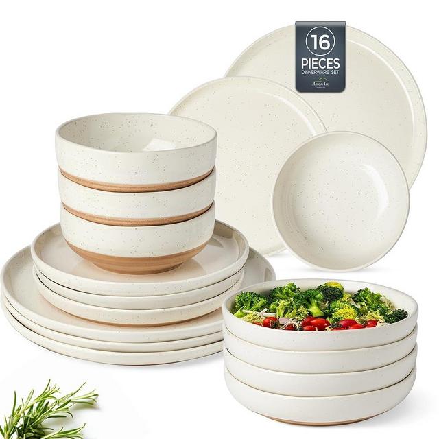 AmorArc 16 Pieces Ceramic Dinnerware Sets for 4, Handpainted Plates and Bowls Set with Rustic Terracotta Underside, Scratch Resistant Stoneware Dishes Set, Dishwasher & Microwave Safe, Light Beige