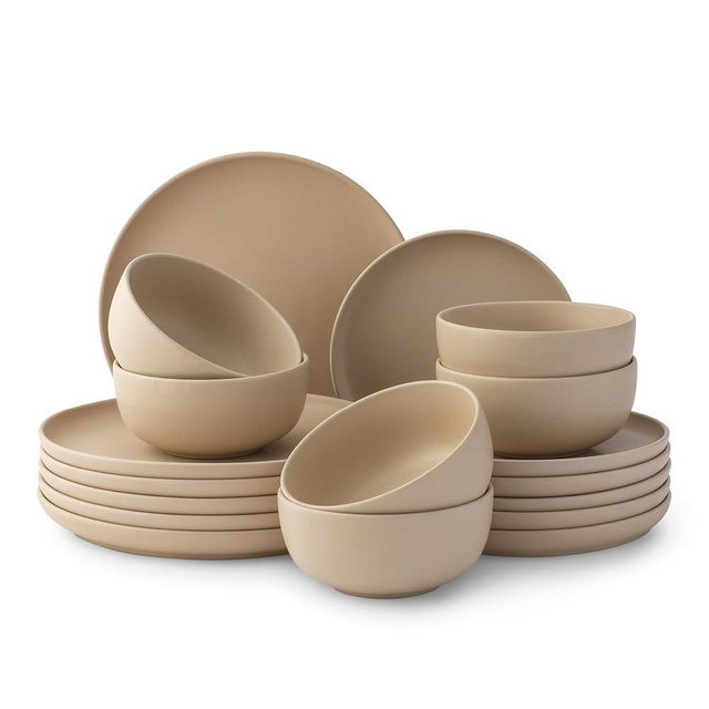 JoyJolt Mesa Stoneware Dinnerware Set, 18-Piece Plates and Bowls Sets, Includes Dinner Plates Salad Plates and Cereal and Soup Bowls, Modern Farmhouse Matte Beige Dish Set for 6