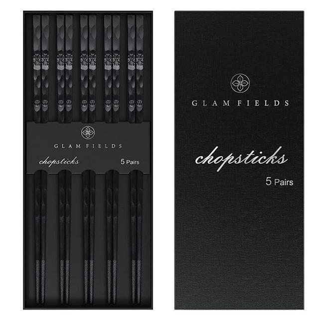 5 Pairs Japanese Fiberglass Chopsticks, GLAMFIELDS Reusable Chop sticks Dishwasher Safe, Non-slip, 9 1/2 inches - Gift Set Black