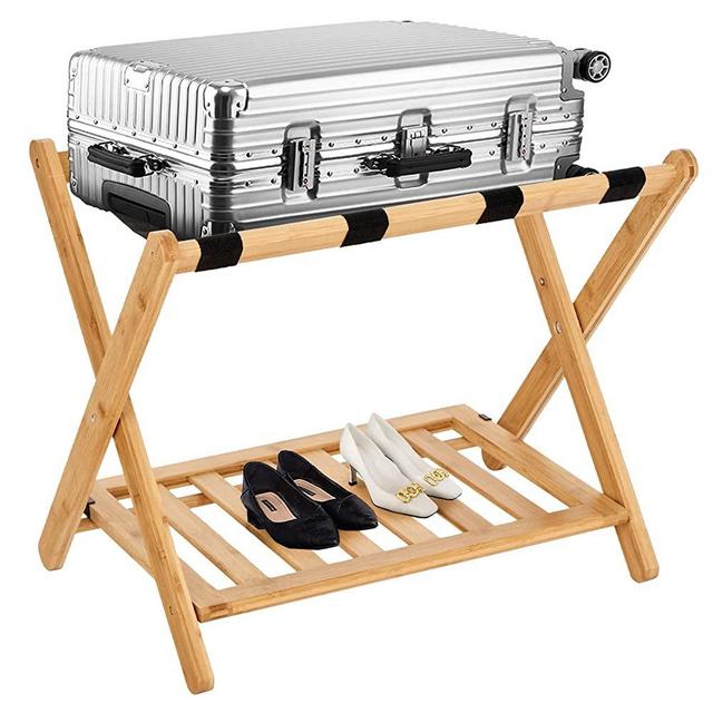 Smart FENDEE 26.77" Fully Assembled Luggage Rack for Guest Room, Bamboo Suitcase Stand with Storage Shelf, Folding Luggage stand for Hotel, Luggage Holders for Suitcases for Bedroom with Nylon Straps, Natural