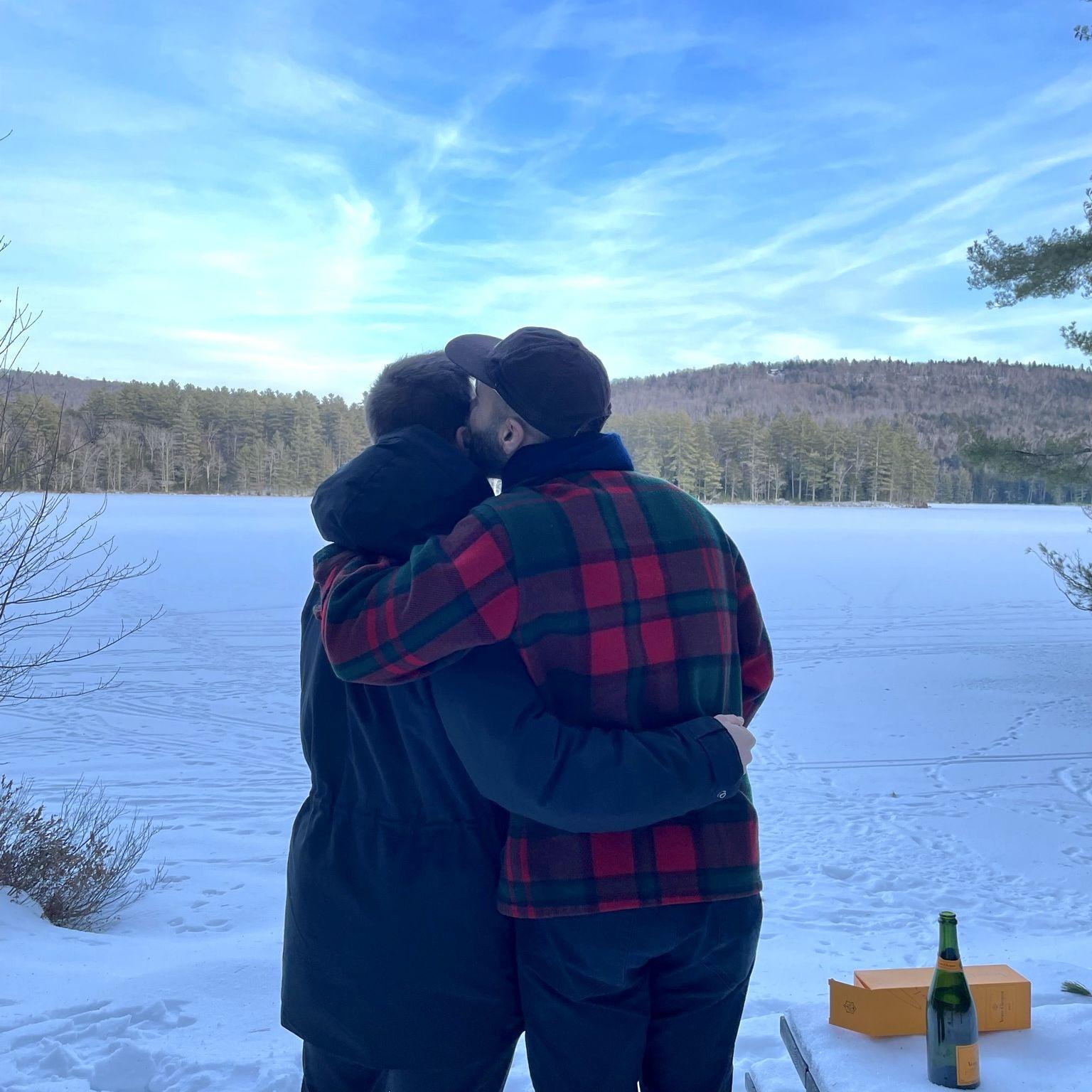 A few minutes after Rohan proposed to Joe on the banks of Lake Lowell in February 2021.