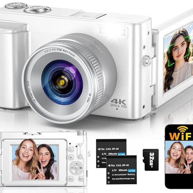 4K Digital Camera for Photography Autofocus, 64MP WiFi Vlogging Camera for YouTube with 2 Batteries, SD Card, 3" 180°Flip Screen Selfie Compact Travel Camera for Teens with 16X Zoom, Anti-Shake, White