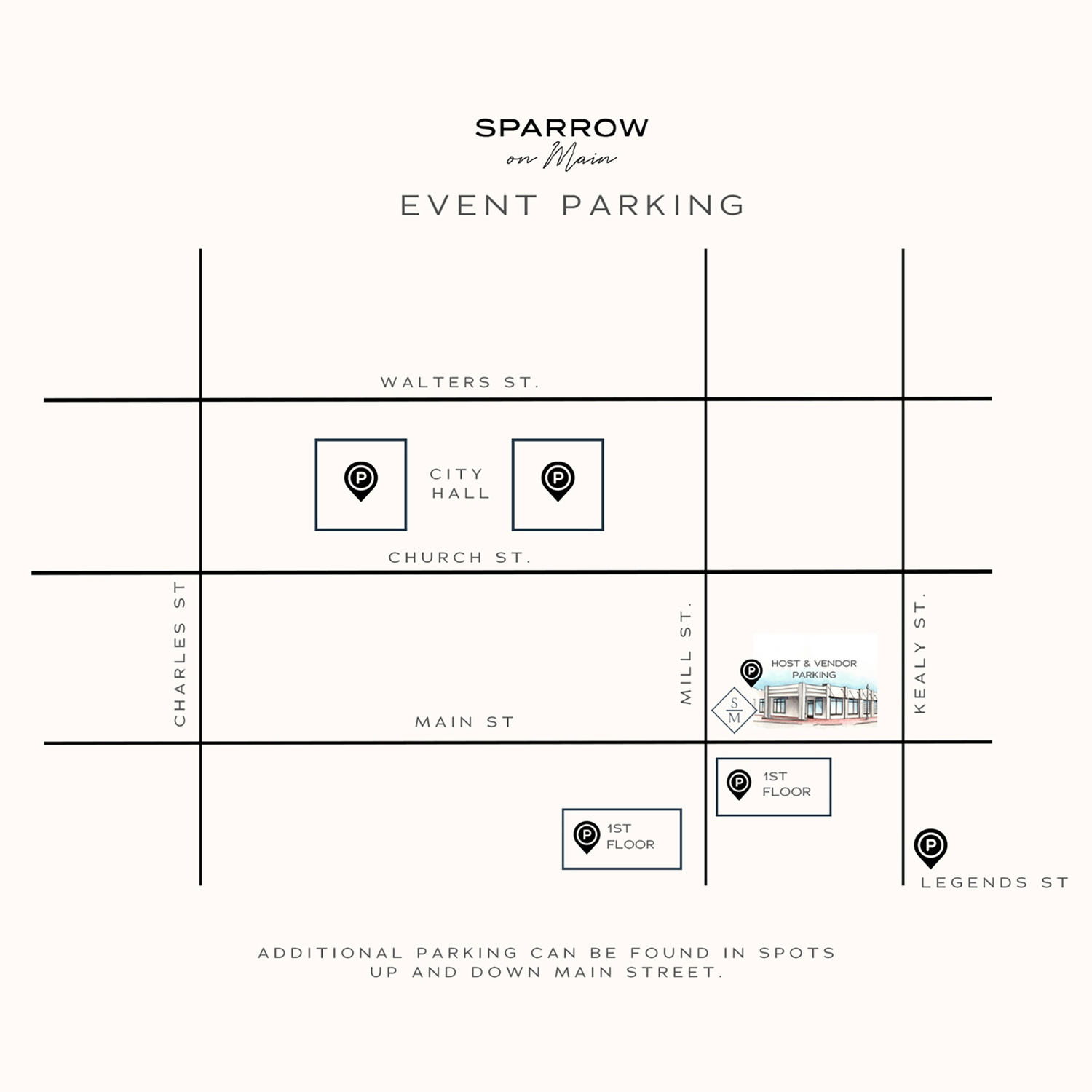 We recommend parking at City Hall, but you can take a look at the other Public Parking spots highlighted on the map.