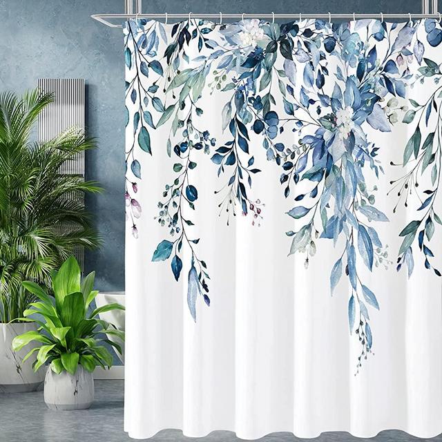 Gibelle Blue Eucalyptus Shower Curtain, Watercolor Plant Leaves with Floral Bathroom Shower Curtain Set with Hooks, 72x72