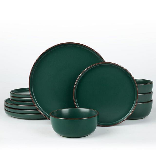 Famiware Mercury Plates and Bowls Sets, 12 Pieces Stoneware Dinnerware Sets, Dishes Set for 4, Microwave and Dishwasher Safe, Dark Green…