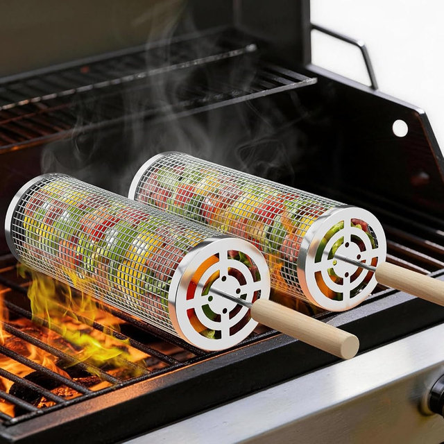 Oungelark Rolling Grill Basket for Veggies, Heavy Duty 304 Stainless Steel BBQ Grilling Basket with Lock-Tight System, Removable Handles, Nesting Storage, Smoker Camping Accessories, Gifts for Men Dad Husband(2PCS)