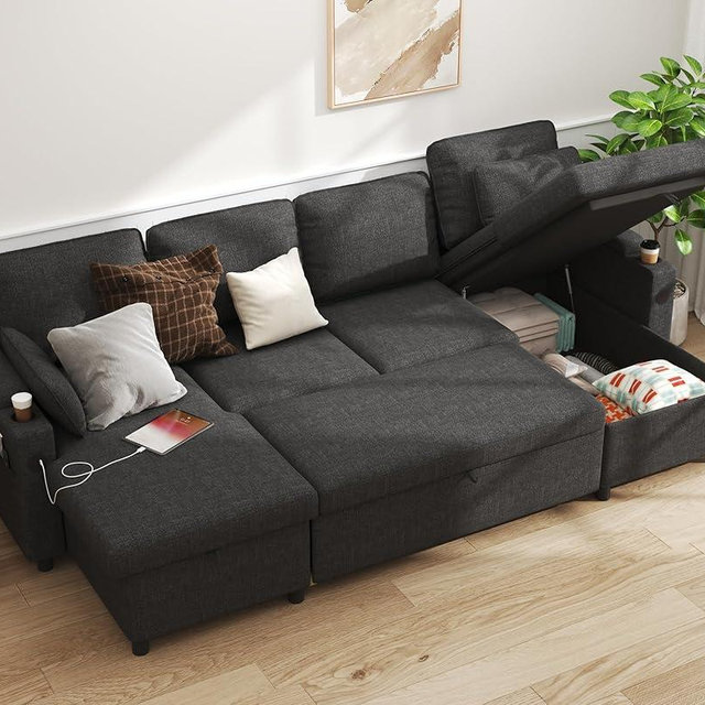 DURASPACE Sofa Bed Pull Out Couch Sleeper with Double Storage Chaise, U Shaped Convertible Sectional Sleeper Sofa for Living Room with USB Charging Ports, Cup Holder (Dark Gray)
