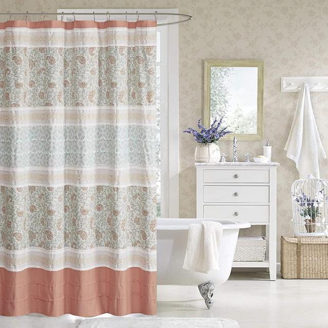 Madison Park Dawn Cotton Fabric Shower Curtain Pintucked, Paisley Design Machine Washable Shabby Chic Modern Home Bathroom Décor Bathtub Privacy Screen, 72"x72", Coral