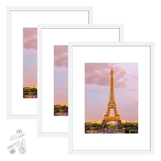 upsimples 12x16 Picture Frame Set of 3, Made of High Definition Glass for 8.5x11 with Mat or 12x16 Without Mat, Wall Mounting Photo Frames, White
