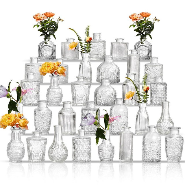 Glass Bud Vases Set of 32 - Assorted Small Mini Glass Vases for Flowers, Crystal Vintage Vase Set, Bulk Centerpieces for Table Décor, Wedding, Home and Events (Clear, 32 Pcs)