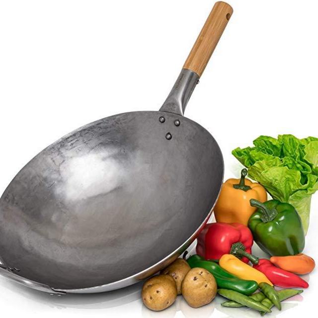 Traditional Hand Hammered Carbon Steel Pow Wok with Bamboo and Steel Helper Handle - 14 Inch, Round Bottom by Chef’s Medal