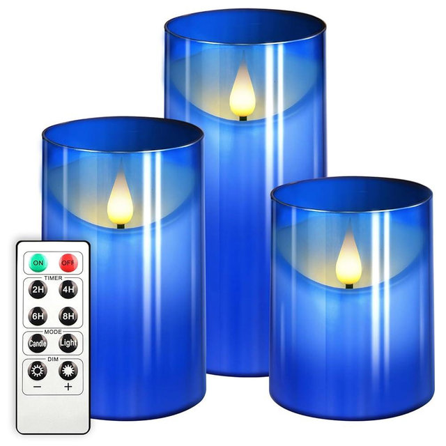 NURADA Flickering Flameless Candles: LED Pillar Candles with Imitation Glass - Acrylic Battery Candles with Remote and Timer for Wedding Party Valentine's Day Decor, Pack of 3 Blue