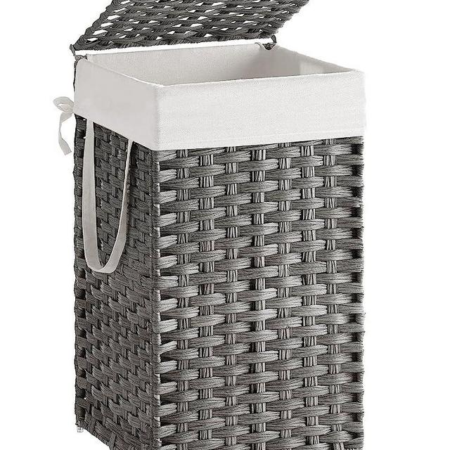 SONGMICS Laundry Hamper with Lid, 17.2 Gallon (65L) Synthetic Rattan Clothes Laundry Basket with Lid and Handles, Foldable, Removable Liner, Gray ULCB165G01
