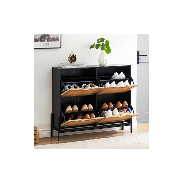 Whizmax Natural Rattan 4 Flip Door Shoe Cabinet Organizer Freestanding, Shoe Rack Storage Cabinet for Entryway with 3-Tier Adjustable Shelves