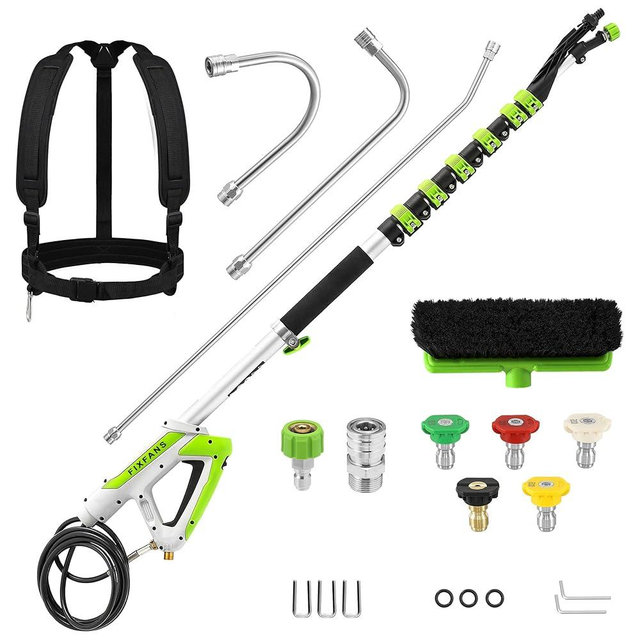 FIXFANS 21 FT Telescoping Pressure Washer Wand with Brush, 4000 PSI Telescopic Power Washer Extension Wand, 3 Gutter Cleaner Curved Rods, 5 Nozzle Tips, 2 Hose Adapters and Support Belt