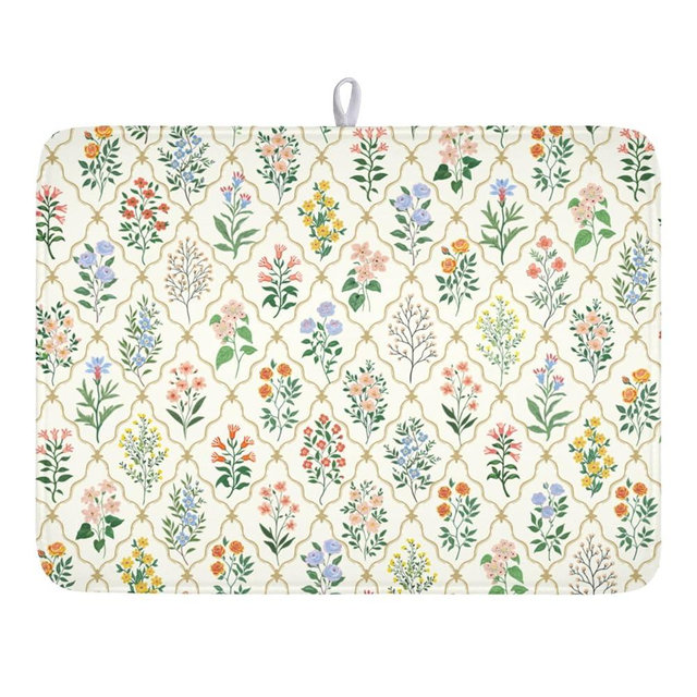 MiaoSi Floral Dish Drying Mat for Kitchen Counter Spring Summer Wild Flowers Diamond Pattern Microfiber Dish Drainer Mat Rustic Absorbent Washable Drying Pad Extra Large 18"x24"