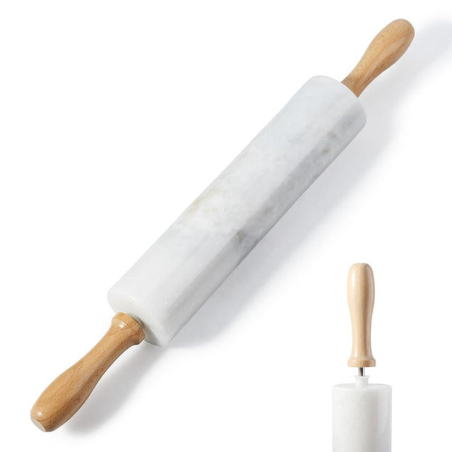 Koville White Marble Rolling Pin With Wooden Handles & Wood Cradle, 18 Inch Polished Marble Rolling Pins For Making Pizza Dough, Dough Roller For Pie Crust, Cookie, Pasta, Ergonomic Handles