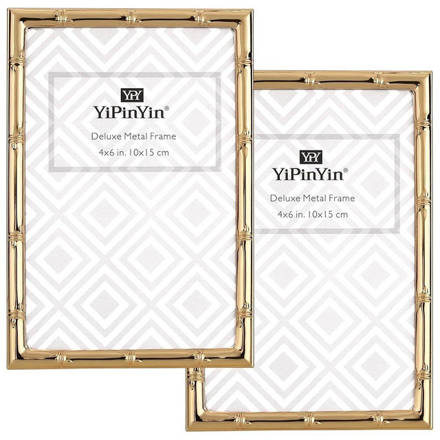 YiPinYin 4x6'' Bamboo Detail Dark Gold Metal Picture Frame 2pack, Elegant Gold Plated Baby Nurse Photo Frames 4 x 6'' With Soft Touch Velvet Backing for Desktop and Wall Décor(Dark Gold)