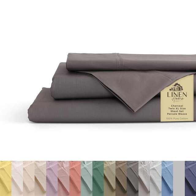 Linen Home 100% Cotton Percale Sheets California King Size, Charcoal, Deep Pocket, 4 Pieces Set - 1 Flat, 1 Deep Pocket Fitted Sheet and 2 Pillowcases, Crisp Cool and Strong Bed Linen