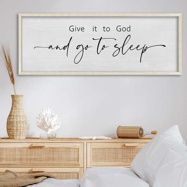 FZMHASLWW Christian Wall Decor Give It To God And Go To Sleep Sign 32"×12" Bible Verse Plaque for Master Bedroom Above Over Bed Prayer Room Rustic Farmhouse Wood Framed Wall Art (White)