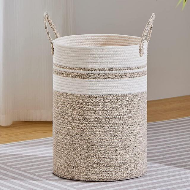 VIPOSCO Large Laundry Hamper, Tall Woven Rope Storage Basket for Blanket, Toys, Dirty Clothes in Living Room, Bathroom, Bedroom - 58L Brown & White