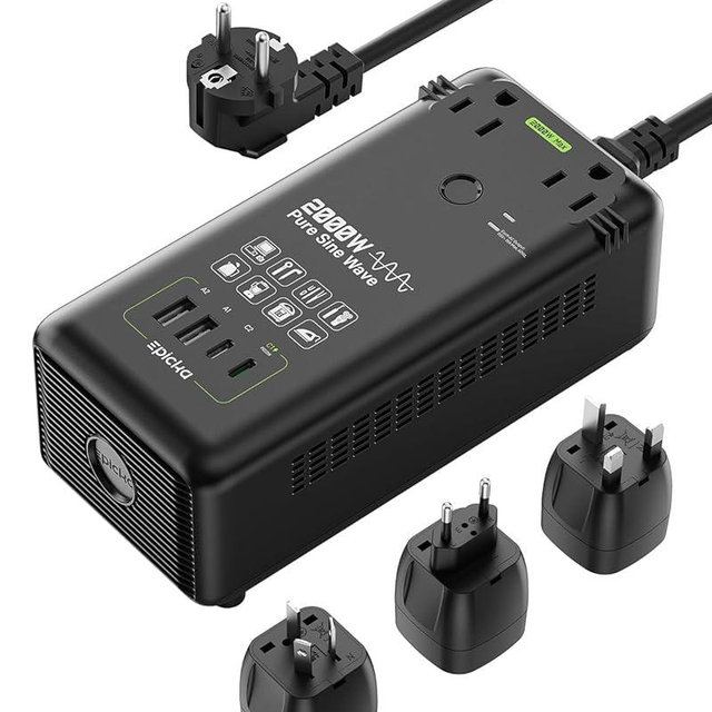 EPICKA 2000W Pure Sine Wave Voltage Converter, 220V to 110V Power Transformer with 20W PD USB-C Fast Charging, 2 AC Sockets, 4 USB Ports (2A + 2C), Universal Travel Plug Adapter for EU/UK/AU/JP, Black