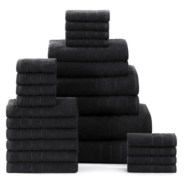 Casa Platino 24 Piece 100% Cotton Black Towels Set, 2 Bath Sheets, 2 Large Bath Towels(30"x 60"), 2 Gym Towels (24"x 48"), 6 Hand Towels, 8 Washcloths & 4 Fingertip Towels, Soft Bath Towel Set