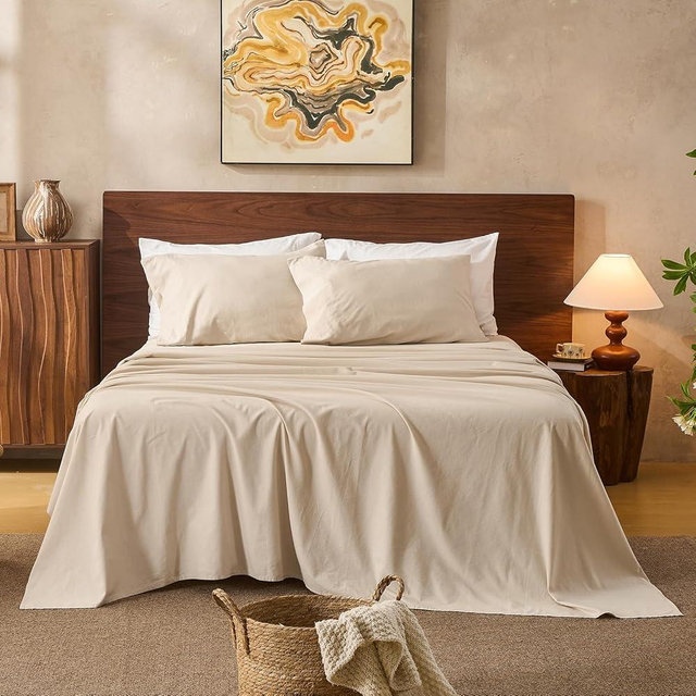 Overket 100% Linen Sheets Queen Size,Breathable & Durable 4-Piece Bed Flax Sheet Set,Soft All-Season Bedding for Hot Sleepers 16" Deep Pocket Oeko-TEX Certified,（Queen, Linen）