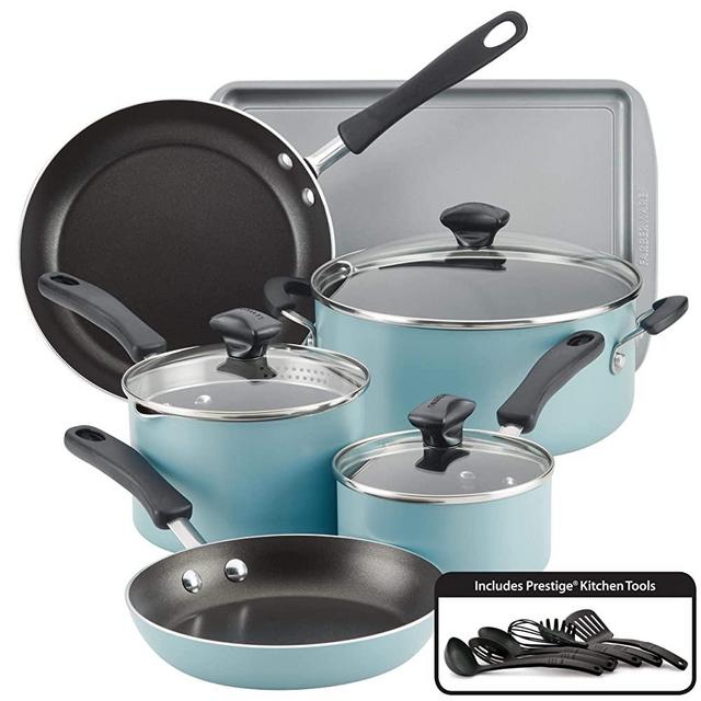 Farberware Cookstart DiamondMax Nonstick Cookware / Pots and Pans Set, Dishwasher Safe, Includes Baking Pan and Cooking Tools, 15 Piece - Aqua