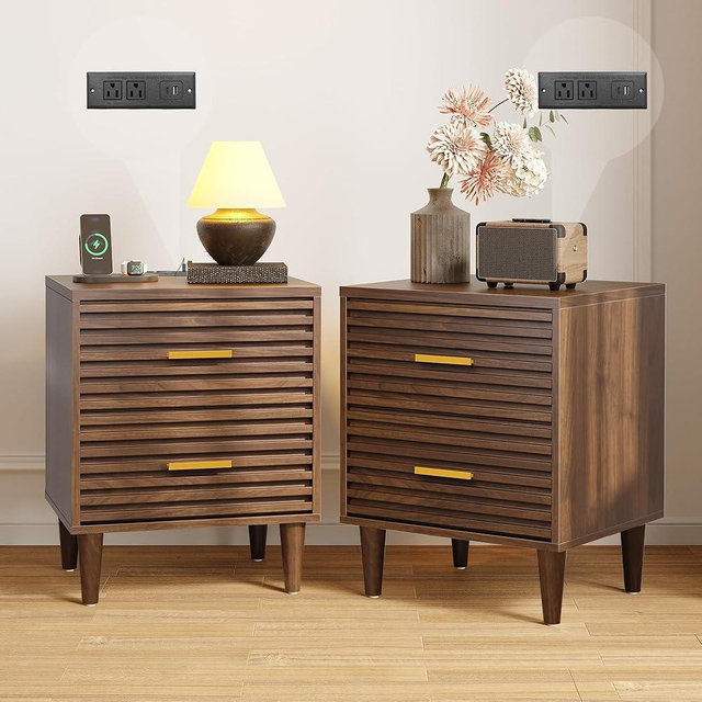 Alohappy Night Stands with Charging Station Set of 2, Mid Century Modern Nightstands, Wooden Bedside Table for Bedroom, End Table with Storage Drawers, Bed Side Table with USB Outlets, Brown 2pcs