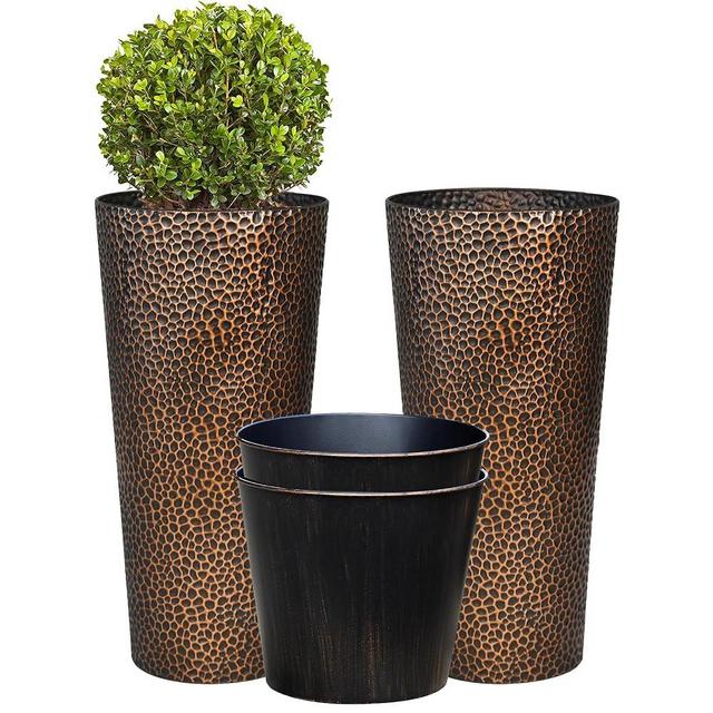 Worth Garden 2-Pack 28" H. Metal Planter with 2X Inside Pots - Hand-Hammered Texture Tall Cone Plant Pots - Large Handcrafted Bronze Flower Pot for Indoor Outdoor, Deck, Patio, Front Porch