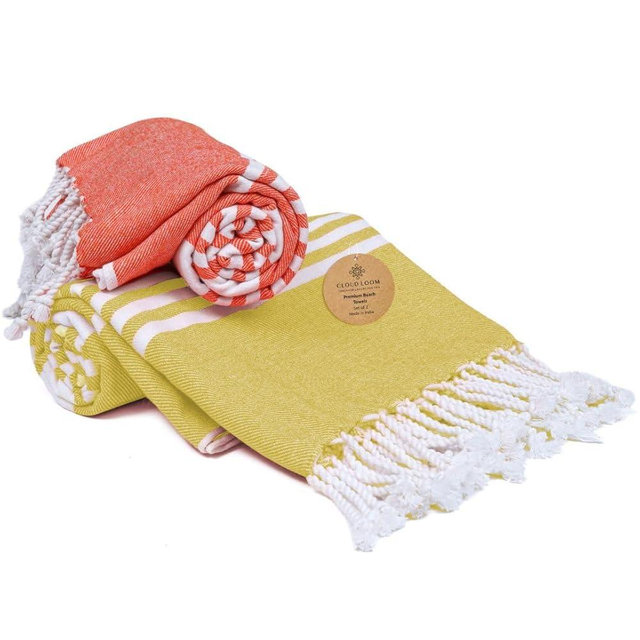CLOUDLOOM Turkish Peshtemal Beach Towels 100% Cotton Set of 2 Large 39x70 inch - Soft Quick-Drying Highly Absorbent - for Beach Pool Spa Picnic Travel or Bath Use - Turkish Towels Yellow Orange
