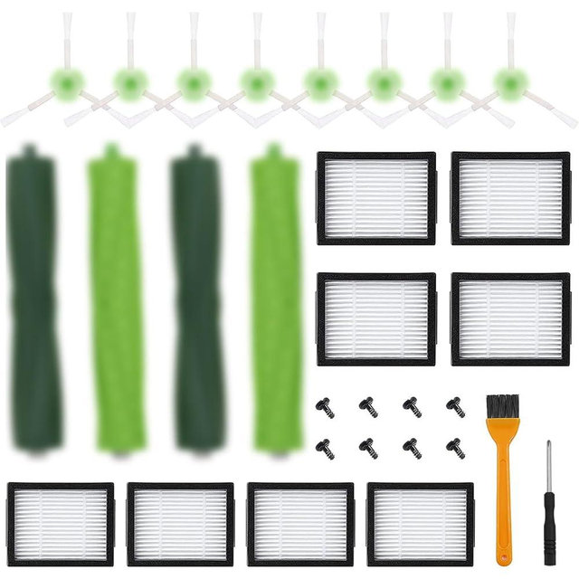 Katerelis 18 Pack Compatible with E/i/j Series Replacement Parts, E5 E6 E7 i2 i3 i3+i4 i4+ i6 i6+ i7 i7+ i8 i8+/Plus, 2 sets of multi-surface rubber roller brush 8 filters 8 side brushes