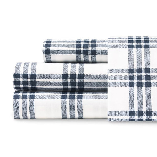Eddie Bauer - Full Sheets, Cotton Percale Bedding Set, Crisp & Cool Home Decor, Dorm Room Essentials (Navy Plaid, Full)