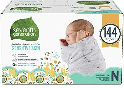 Seventh Generation Baby Diapers for Sensitive Skin, Animal Prints, Size 0 Newborn, 144 count