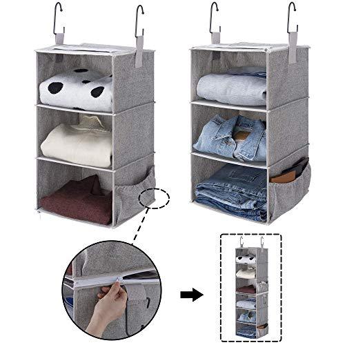 StorageWorks 2PCS Detachable 3-Shelf Hanging Closet Organizers, Collapsible Closet Hanging Shelves for Clothes and Shoes, Canvas, Gray, 12"x12"x21"
