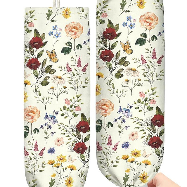 Kokaaee Plastic Bag Holder, Grocery Bag Organizer - Kitchen Dispenser Holders Reusable Shopping Western Hanging Wall with Free Adjustment with Drawstring Closure for Women Home Cute, Floral