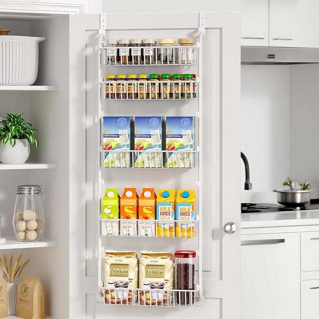 Delamu Over The Door Pantry Organizer, 5-Tier Pantry Door Organizers and Storage with Adjustable Basket, Metal Hanging Spice Rack, Seasoning Organizer, Door Organizer for Home Kitchen Bathroom, White