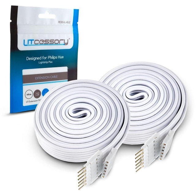 Litcessory Extension Cable for Philips Hue/WiZ Lightstrip (3.3ft, 2 Pack, White - STANDARD 6-PIN V3 / WiZ Lightstrip)