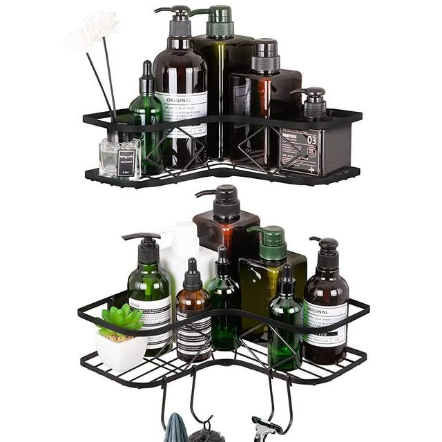 Kadolina Corner Shower Caddy Shelf with Hooks, 2 Pack Adhesive Shower Organizer Shelves Hanging, No Drilling Rustproof Wall Mounted Shower Storage Basket for Bathroom Shower Kitchen (Black)