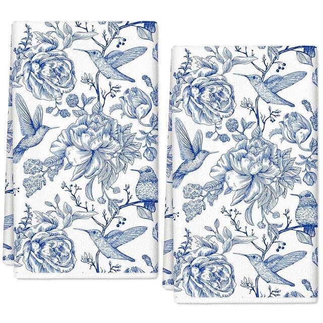 AnyDesign Chinoiserie Floral Kitchen Towels Blue White Flowers Bird Dish Towels 18 x 28 Inch Decorative Hand Drying Tea Towels for Farmhouse Cooking Baking Cleaning Wipes, Set of 2