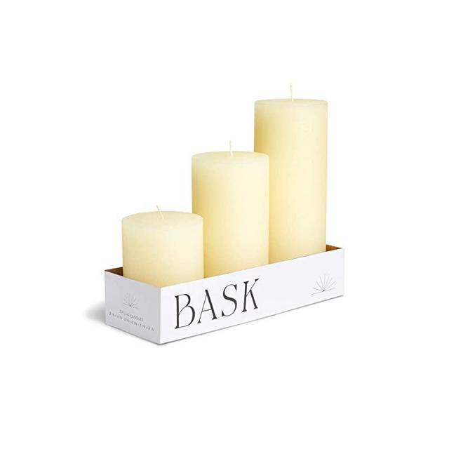 Mottled Pillar Candles by Bask - Set of 3 - 3" x 4", 6", and 8" Dripless Unscented Candles in Ivory for Home Decor, Relaxation & All Occasions