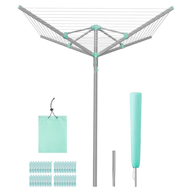 SONGMICS Umbrella Clothesline, Rotary Washing Line, Foldable Heavy-Duty Outdoor Clothes Drying Rack with Clips, Cover, Ground Anchor, 164 ft (50 m) Long for 5 Loads of Laundry, Silver ULLR307EZ01