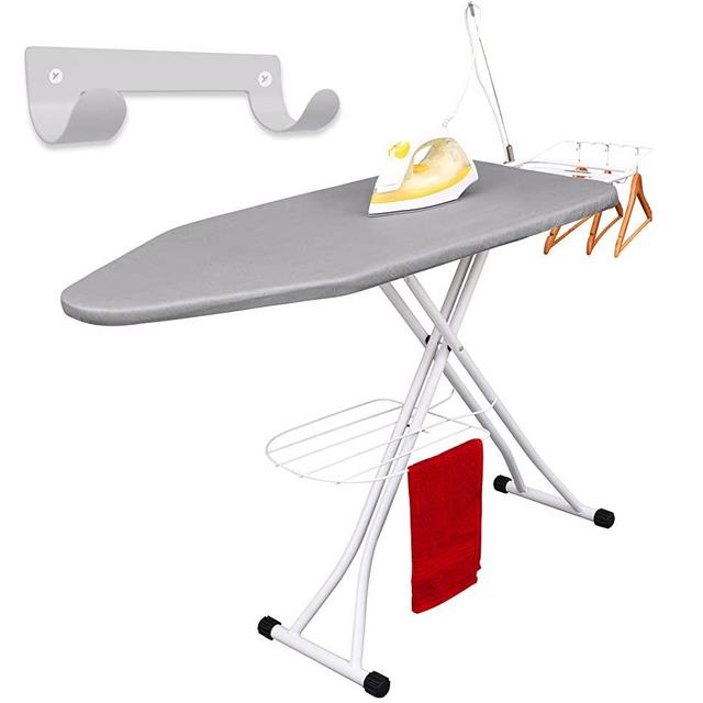 Xabitat 47" x 18" Deluxe Extra Wide Ironing Board with Wall Mount Storage, Storage Tray for Finished Clothes, Wire Rack for Hanging Clothes, Safety Iron Rest, Home Laundry Room or Dorm Use | Grey