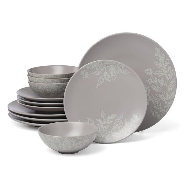 Oneida 897506 Roseto 12-Piece Dinnerware Set, Pumice, Grey