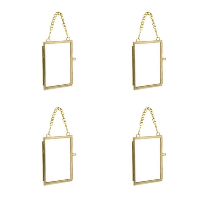 4PCS Glass Frame for Pressed Flowers, 2x3 Inch Brass Hanging Photo Frame Double Glass Frame with Chain DIY Vintage Home Decor