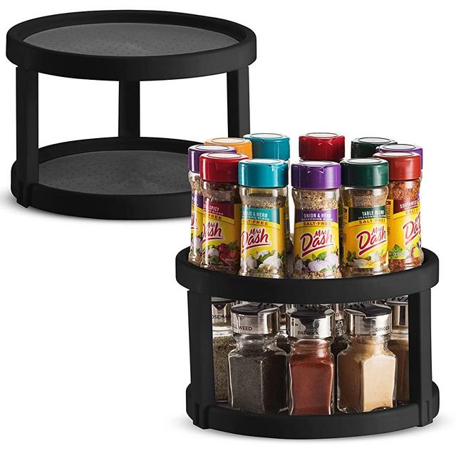 2 Pack Non Skid Lazy Susan Turntable Cabinet Organizer - 2 Tier 360 Degree Rotating Spice Rack - 10 Inch Spinning Carasoul Pantry, Kitchen, Countertop, Vanity Display Stand Black