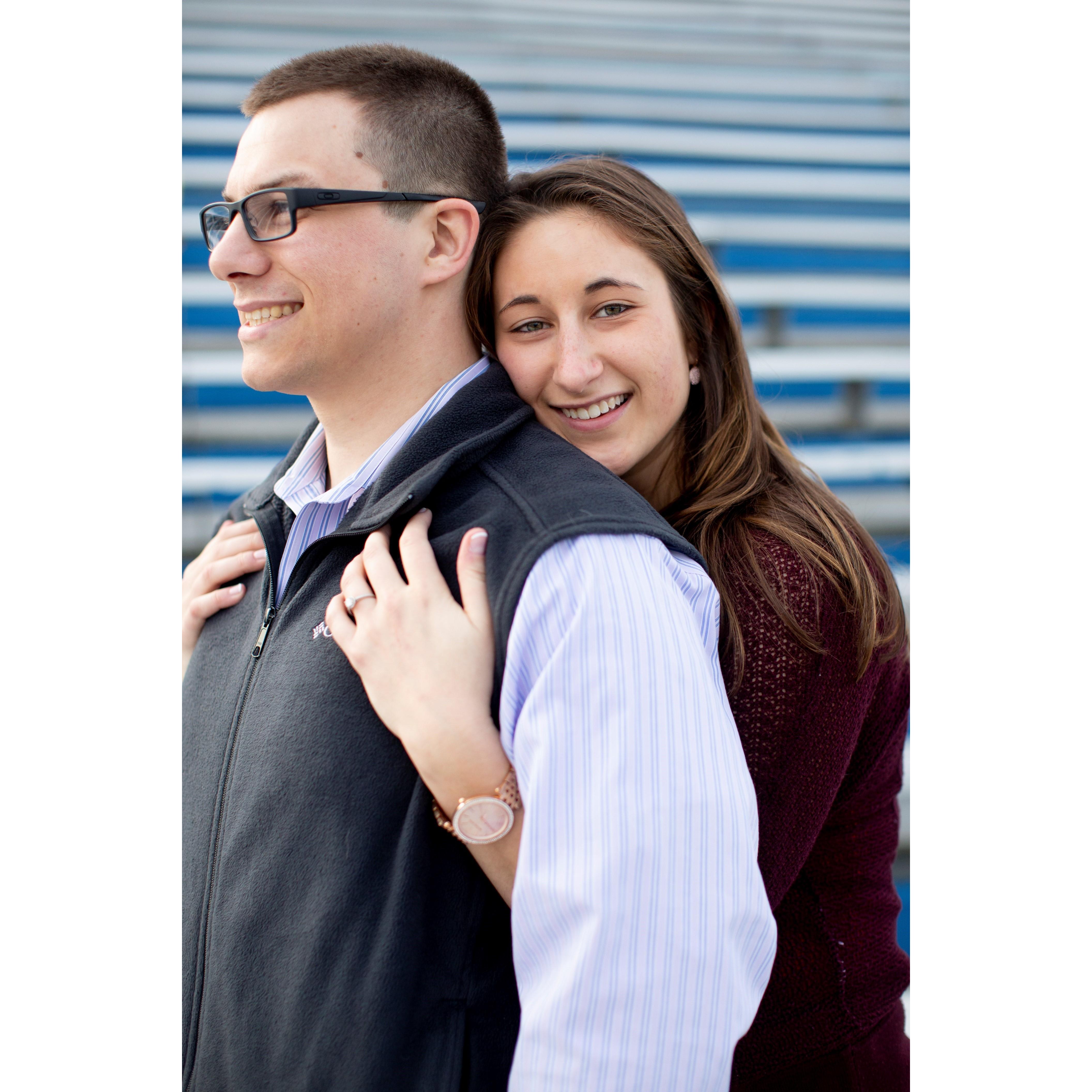 Hugging on the bleachers at Sherwood H.S., February 2019.