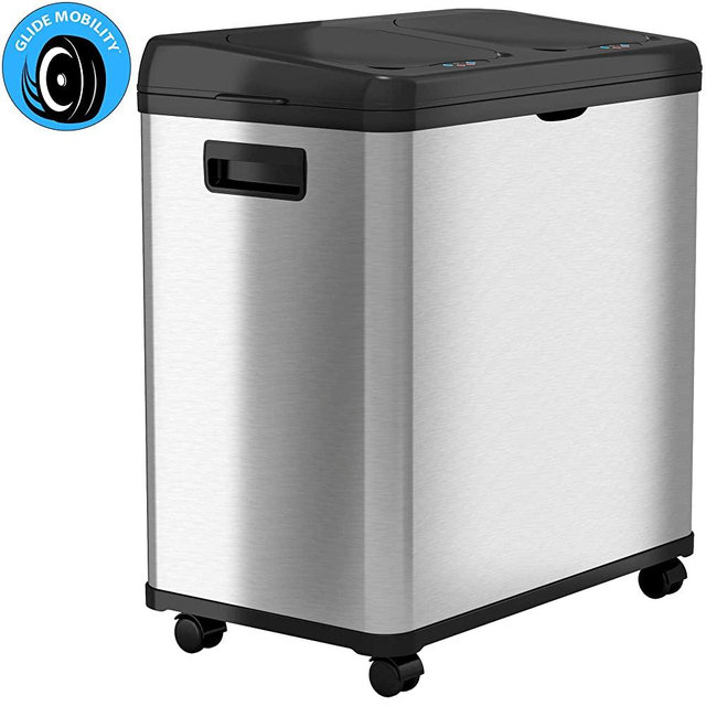 iTouchless 16 Gallon Touchless Trash Can and Recycle Bin, Stainless Steel, Dual-Compartment (8 Gal each), Kitchen Recycling and Garbage